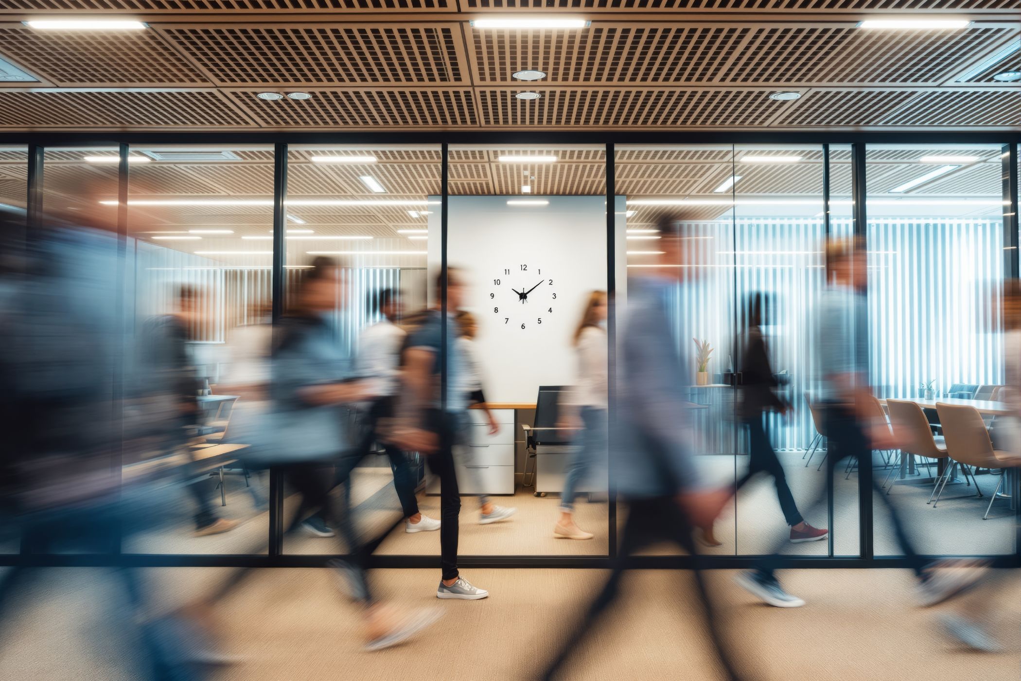 Collaborateurs marchant dans un couloir vitré, illustrant la dynamique de croissance, d’innovation et d’expansion du groupe Novances en 2023.