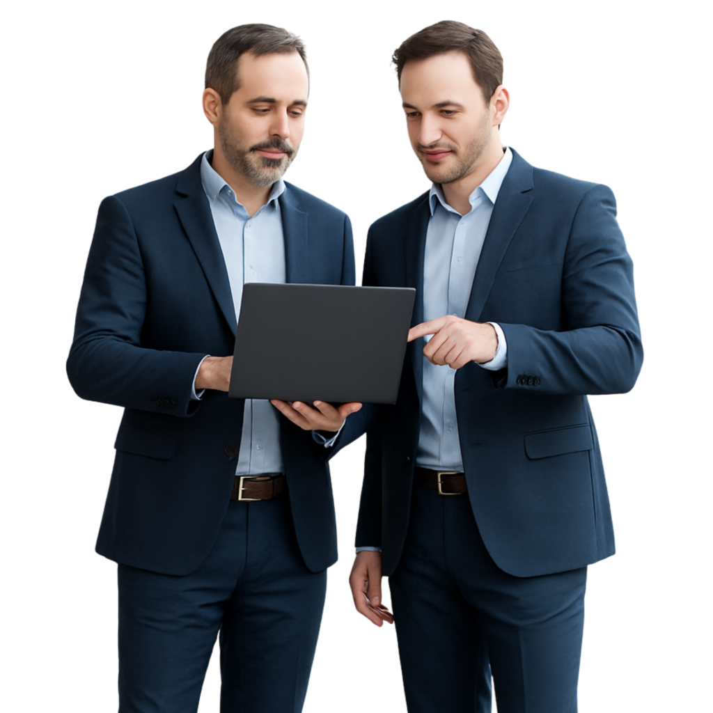 Évaluation d’entreprise : deux experts analysent des indicateurs financiers et stratégiques sur un ordinateur portable